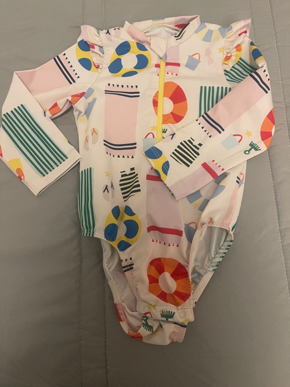 Old Navy Pastel Multi Long-Sleeve One-Piece Swimsuit with Yellow Zipper